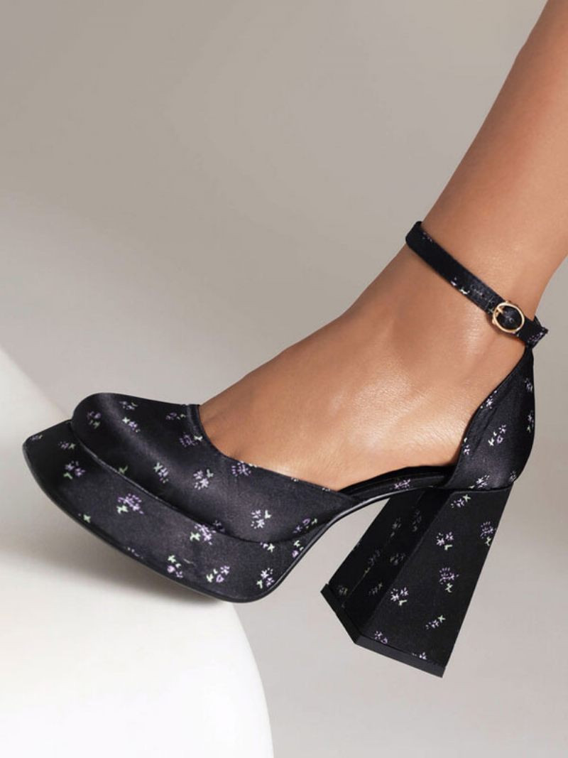 Talons Hauts Pour Femmes Chaussures Vintage Escarpins Talon Épais Soie Et Satin - Noir