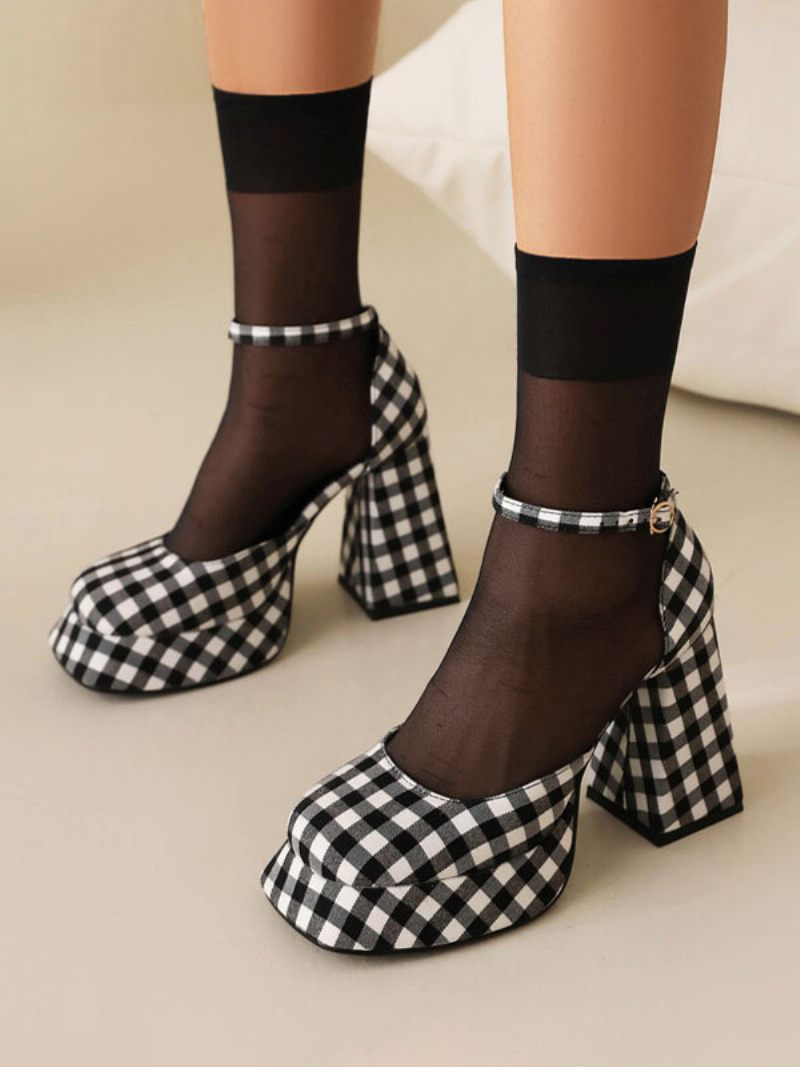Talons Hauts Pour Femmes Chaussures Vintage Escarpins Talon Épais Soie Et Satin - Noir+Blanc