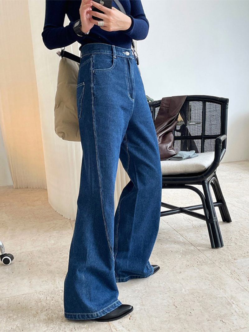 Jean Évasé Bleu Pour Femme Taille Haute Fermeture Éclair Pantalon Décontracté Irrégulier - Bleu