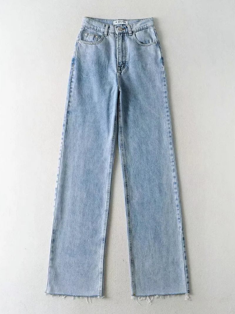 Jean Pour Femmes Décontracté Fermeture Éclair Taille Surélevée Bouton Mouche Veste Homme Pantalon Denim Droit - Bleu Bébé