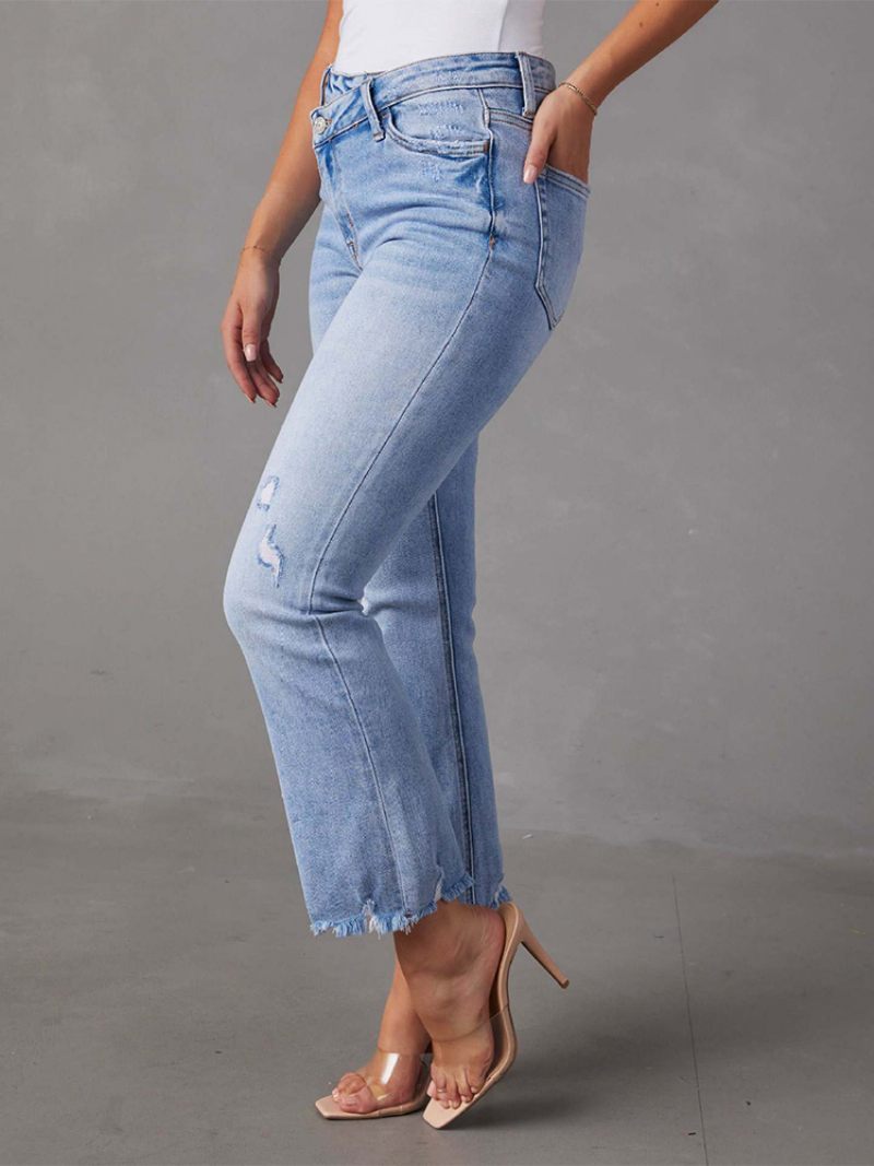 Jeans Femme Mode Bicolore Polyester Vieilli - Bleu Ciel Clair