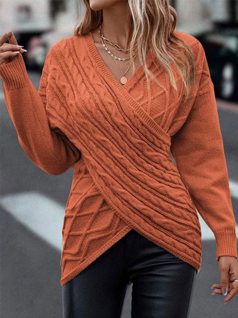 Pull Femme Kaki Col V Manches Longues Pulls - Orange