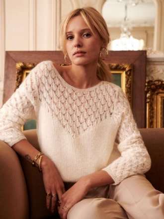 Pulls Pour Femmes Blanc Découpé Bijou Cou Manches Longues Laine