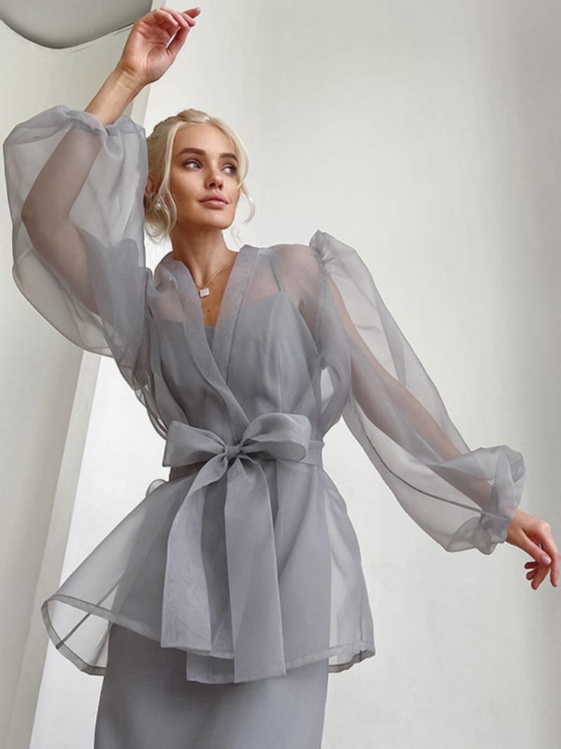 Chemise Pour Femmes Gris Stretch Plissé À Lacets Col V Décontracté Manches Longues Tulle Hauts