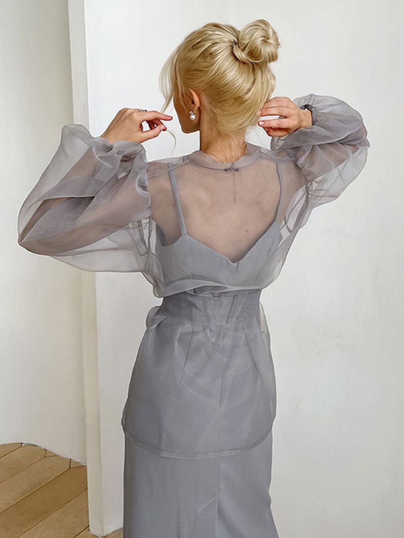 Chemise Pour Femmes Gris Stretch Plissé À Lacets Col V Décontracté Manches Longues Tulle Hauts - Gris
