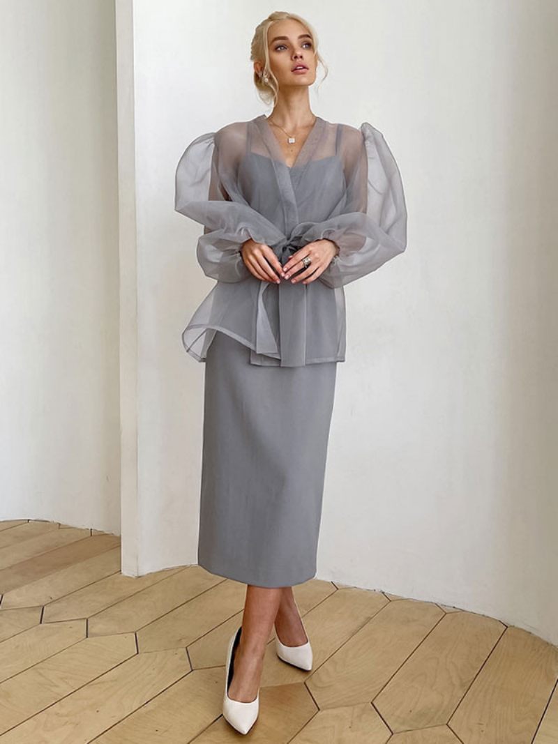 Chemise Pour Femmes Gris Stretch Plissé À Lacets Col V Décontracté Manches Longues Tulle Hauts - Gris