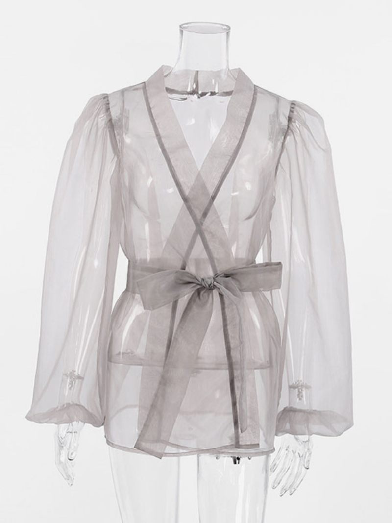 Chemise Pour Femmes Gris Stretch Plissé À Lacets Col V Décontracté Manches Longues Tulle Hauts - Gris