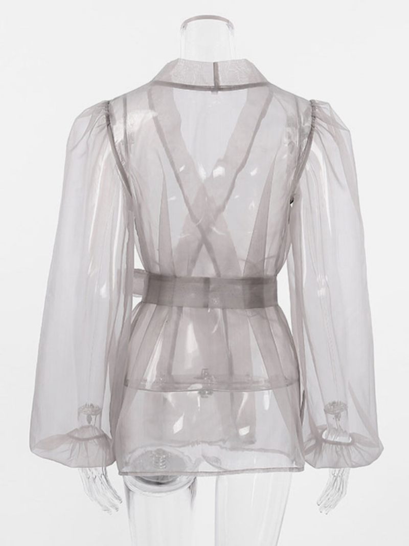Chemise Pour Femmes Gris Stretch Plissé À Lacets Col V Décontracté Manches Longues Tulle Hauts - Gris