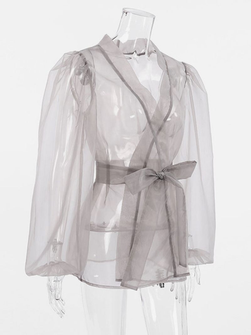 Chemise Pour Femmes Gris Stretch Plissé À Lacets Col V Décontracté Manches Longues Tulle Hauts - Gris