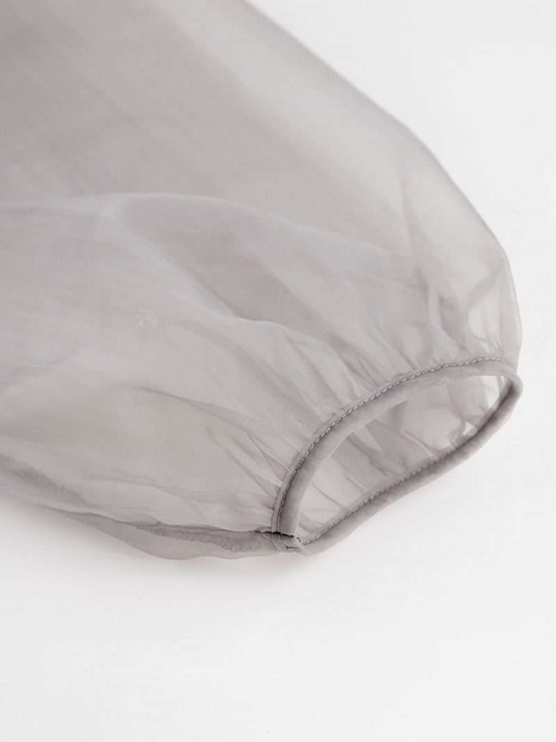 Chemise Pour Femmes Gris Stretch Plissé À Lacets Col V Décontracté Manches Longues Tulle Hauts - Gris