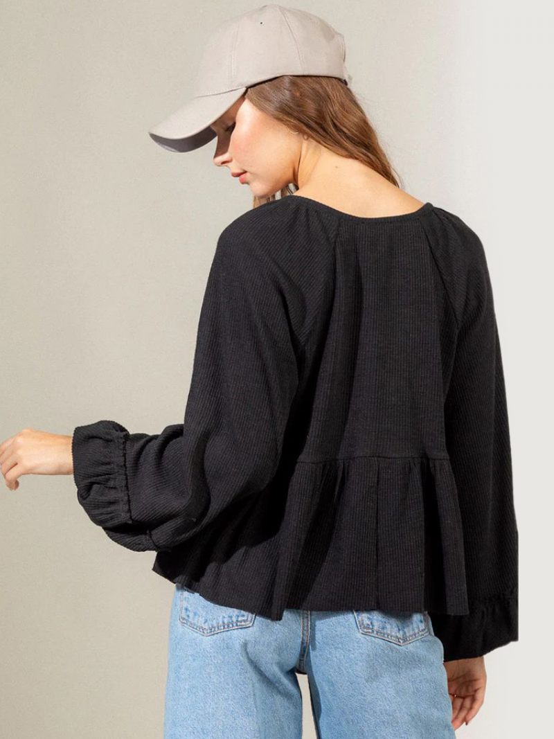 Chemise Pour Femmes Noir Surdimensionné Plissé Conçu Décolleté Décontracté Manches Longues Polyester Hauts - Noir