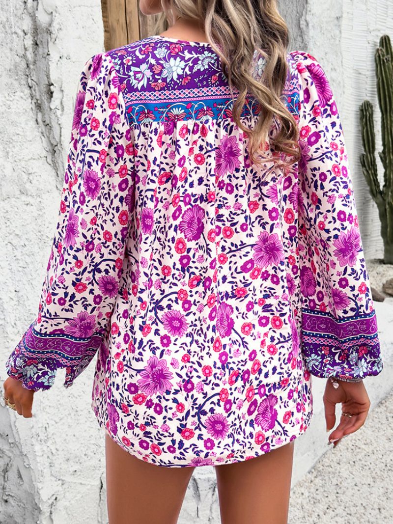Chemisier Floral Noeud Col V Manches Lanternes Quotidien Décontracté Haut Femme - Violet