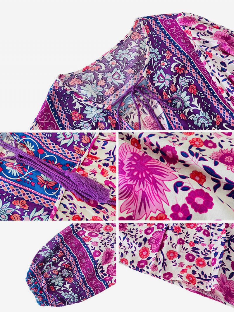 Chemisier Floral Noeud Col V Manches Lanternes Quotidien Décontracté Haut Femme - Violet