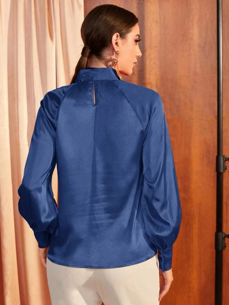 Chemisier Teinté Couleur Unie Col À Nœud Manches Lanternes Haut Pour Femme L'automne Et Le Printemps - Bleu