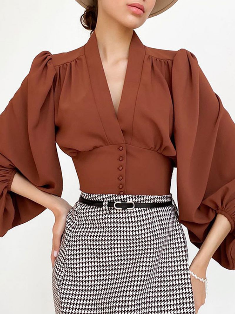 Haut Sexy Pour Femmes Col V Manches Longues Hauts D'été Frivolité - Café Marron
