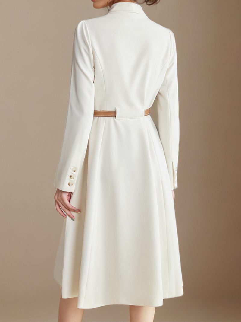 Robes Blazer Pour Femmes Ceinture À Revers Manches Longues Longueur Aux Genoux Robe D'affaires Décontractée - Blanc