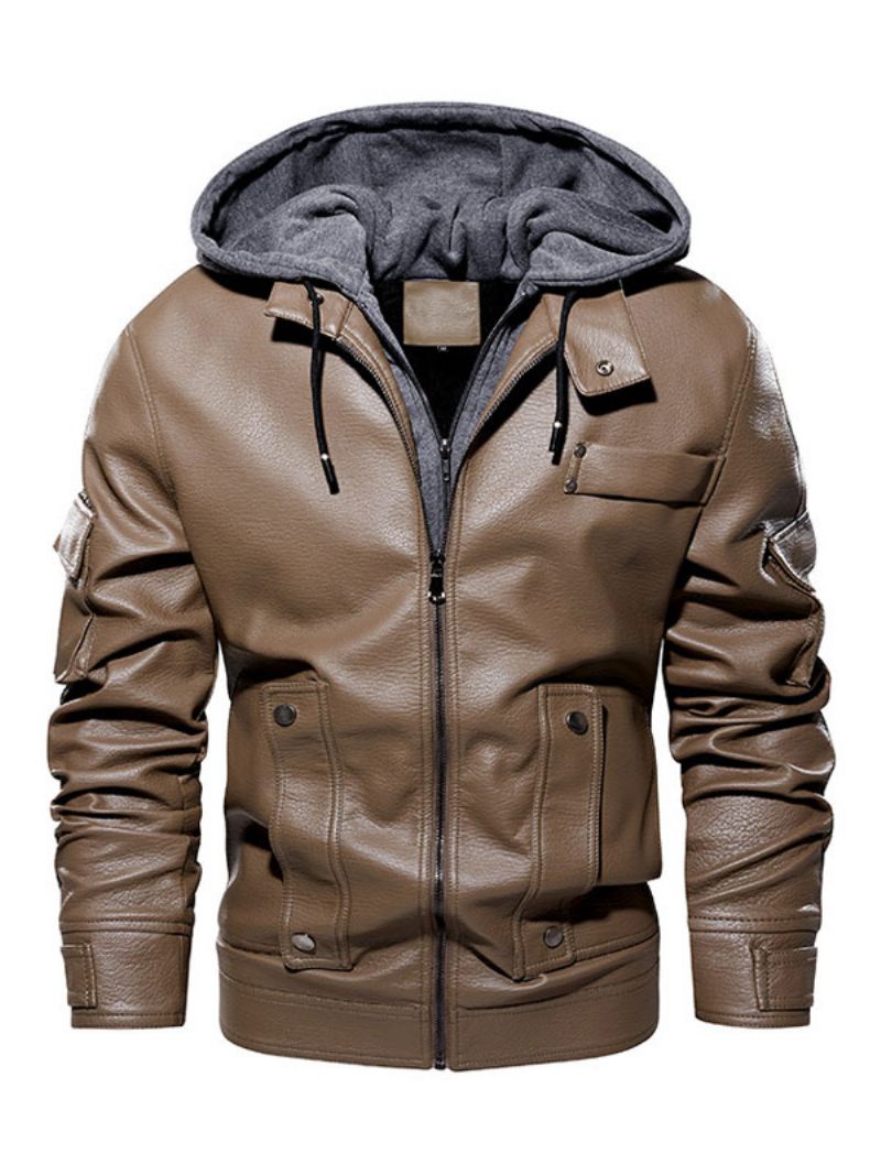 Veste Cuir Pour Hommes Confortable Fermeture Éclair Superposée Bloc Couleur Mode Moto Printemps Café Marron - Kaki