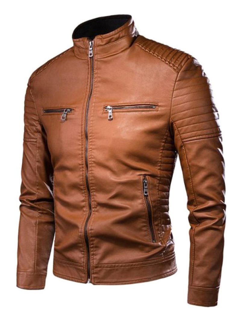 Veste Cuir Pour Hommes Coupe-vent Chic Automne Noir Manteaux D'hiver Cool - Marron Café