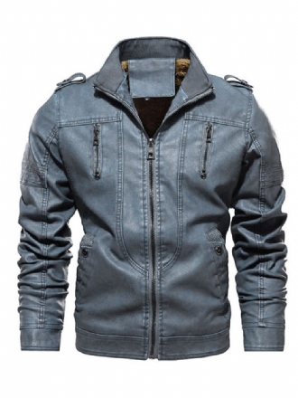 Veste Cuir Pour Hommes Coupe-vent À Fermeture Éclair Simple Superposé Élégant Printemps Bleu Éblouissant