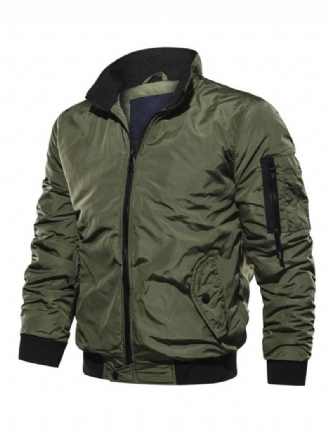 Veste Jean Pour Hommes Polyester Col Montant Moderne Manches Longues Vert Chasseur Coupe Régulière