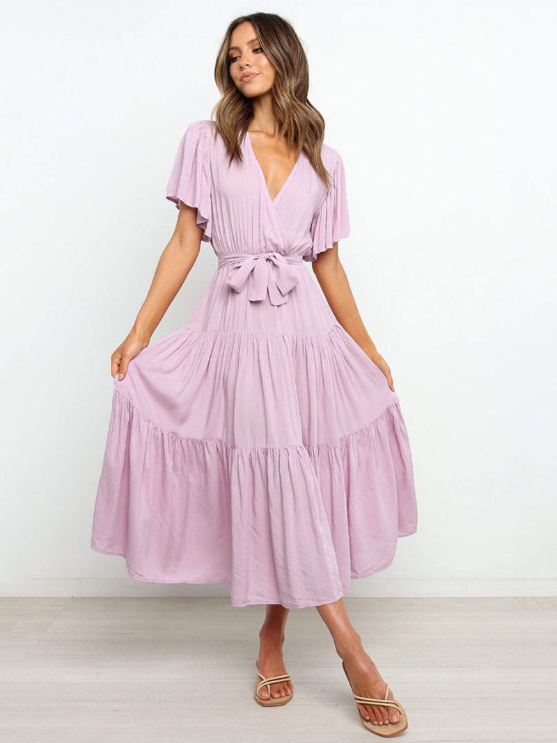 Femmes Robes Maxi Manches Courtes Lavande Col V À Lacets Couches Robe Longue D'été