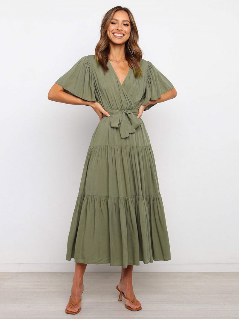 Femmes Robes Maxi Manches Courtes Lavande Col V À Lacets Couches Robe Longue D'été - Vert Chasseur