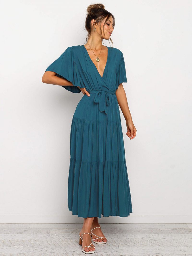 Femmes Robes Maxi Manches Courtes Lavande Col V À Lacets Couches Robe Longue D'été - Vert Foncé