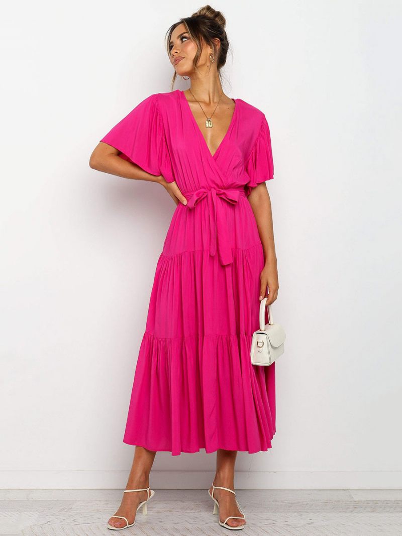 Femmes Robes Maxi Manches Courtes Lavande Col V À Lacets Couches Robe Longue D'été - Rose