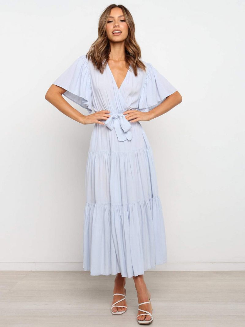 Femmes Robes Maxi Manches Courtes Lavande Col V À Lacets Couches Robe Longue D'été - Bleu Ciel Clair