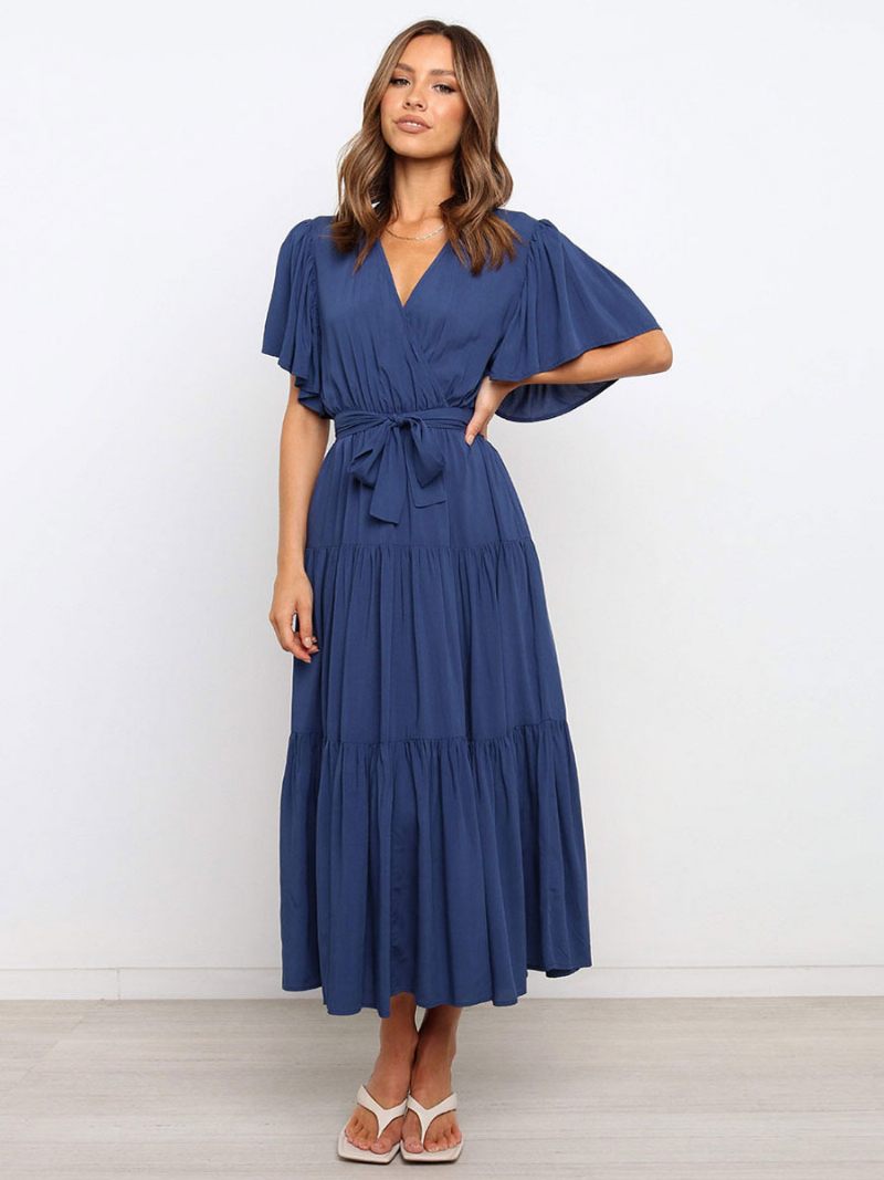 Femmes Robes Maxi Manches Courtes Lavande Col V À Lacets Couches Robe Longue D'été - Bleu Profond