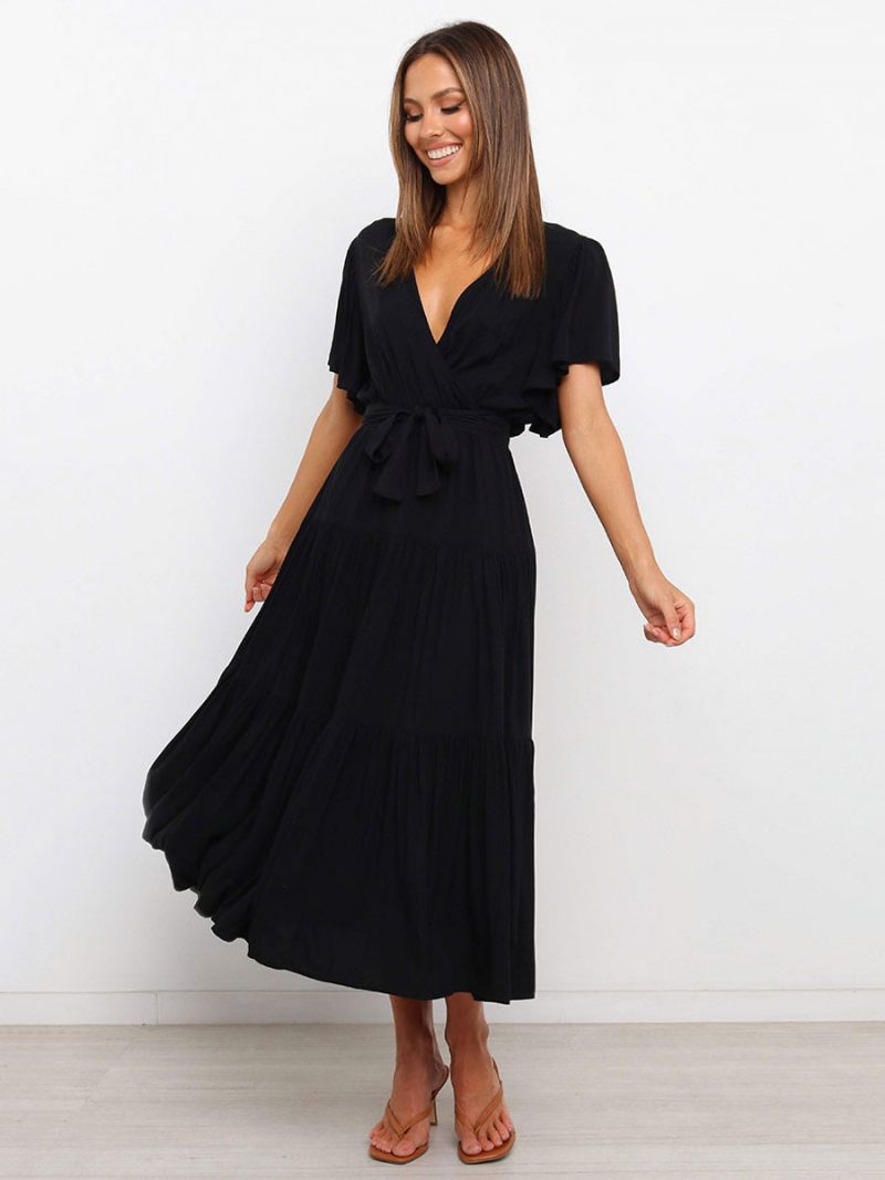 Femmes Robes Maxi Manches Courtes Lavande Col V À Lacets Couches Robe Longue D'été - Noir