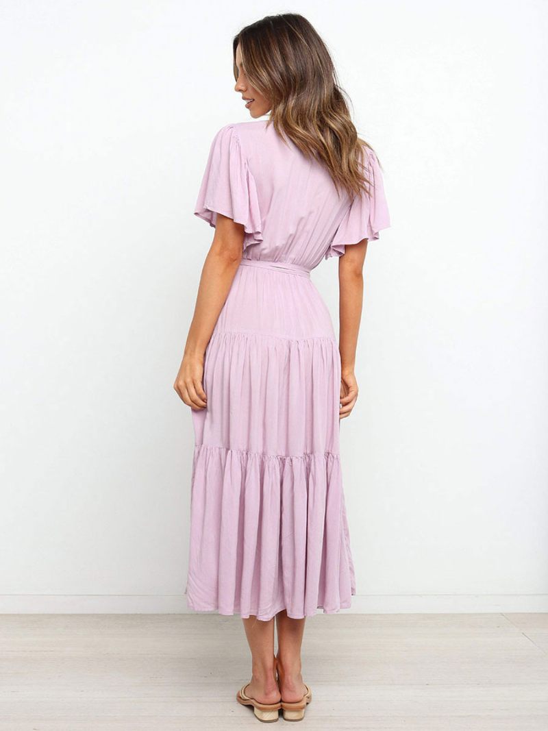 Femmes Robes Maxi Manches Courtes Lavande Col V À Lacets Couches Robe Longue D'été - Lavande