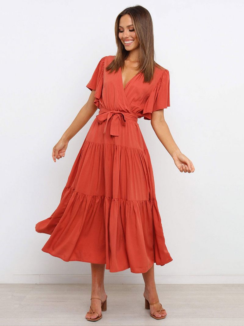 Femmes Robes Maxi Manches Courtes Lavande Col V À Lacets Couches Robe Longue D'été - Rouge Pastèque