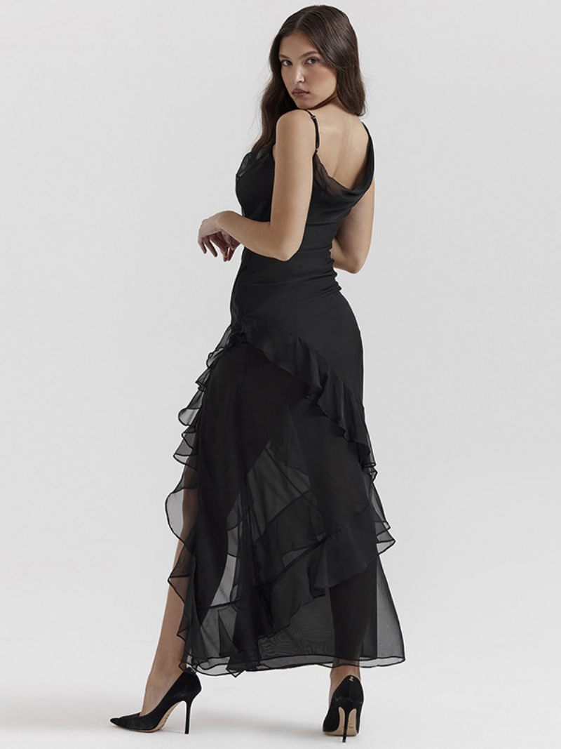 Robe Asymétrique Tulle Pour Femmes Sans Manches Volants Fente Haute Robes Longues Sexy - Noir