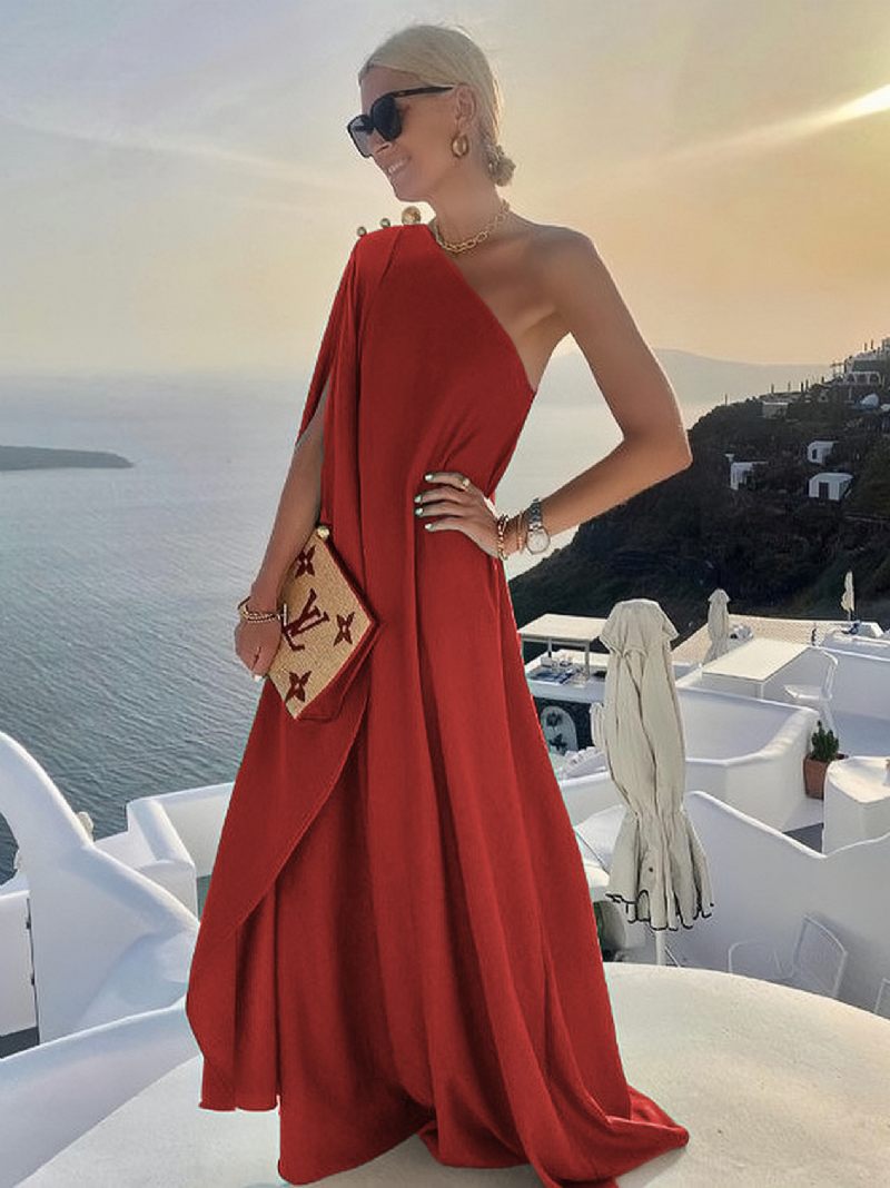 Robe Longue À Col Asymétrique Pour Femme Sans Manches - Rouge