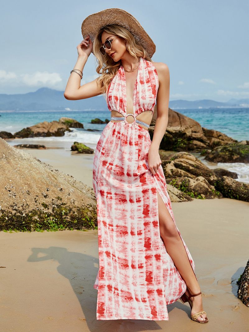 Robe Longue À Fleurs Pour Femmes Imprimé Floral Sans Manches Col V Sexy Fente Haute Boutons Dos Nu Latérale Automne