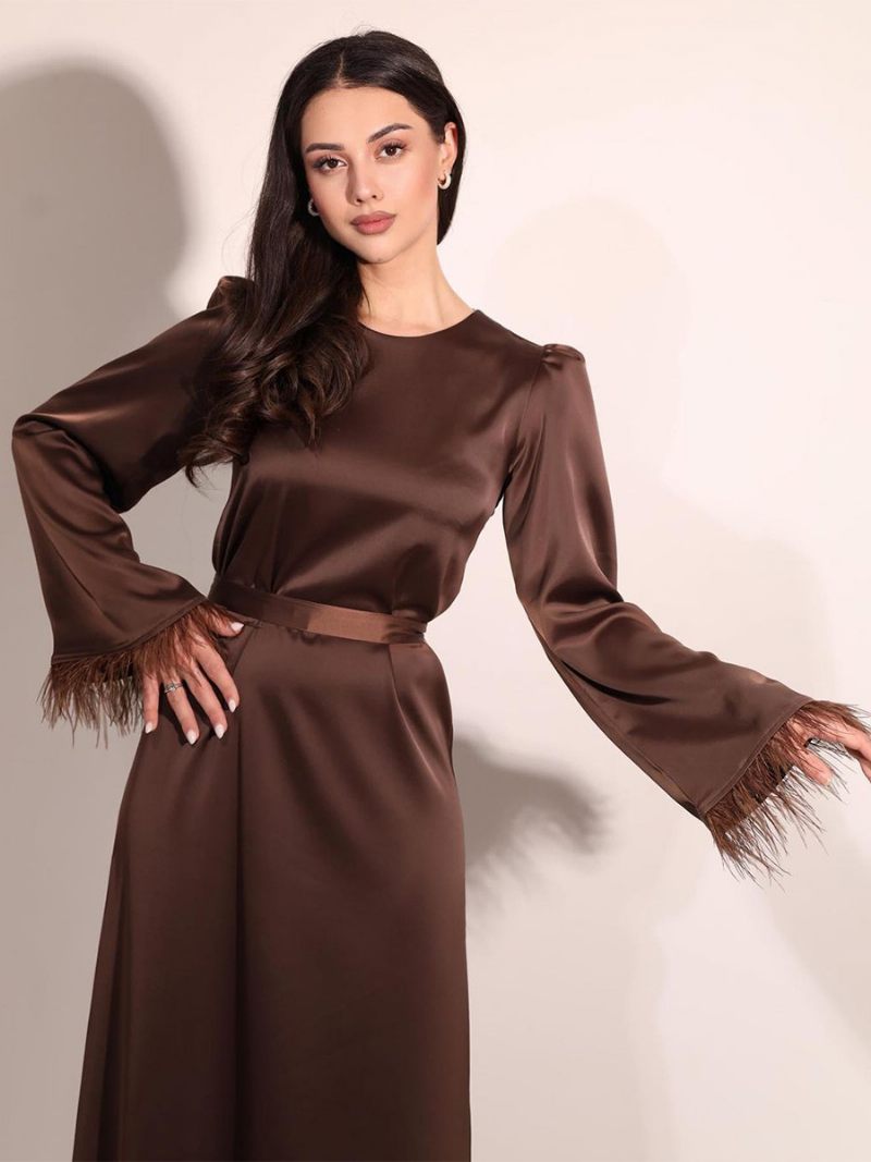 Robe Longue Satin Pour Femmes Manches Plumes Ceinturée Robes Soirée Classiques - Marron Café