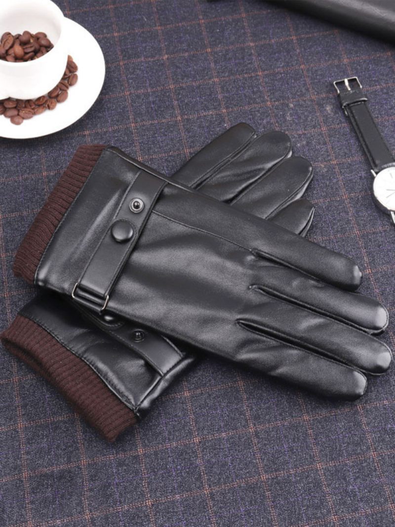 Gants Pour Hommes Cuir Pu Imperméables Chauds D'hiver - Marron Foncé