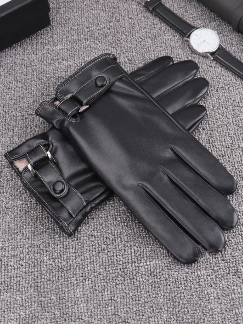 Gants Pour Hommes Cuir Pu Imperméables Chauds D'hiver - Noir