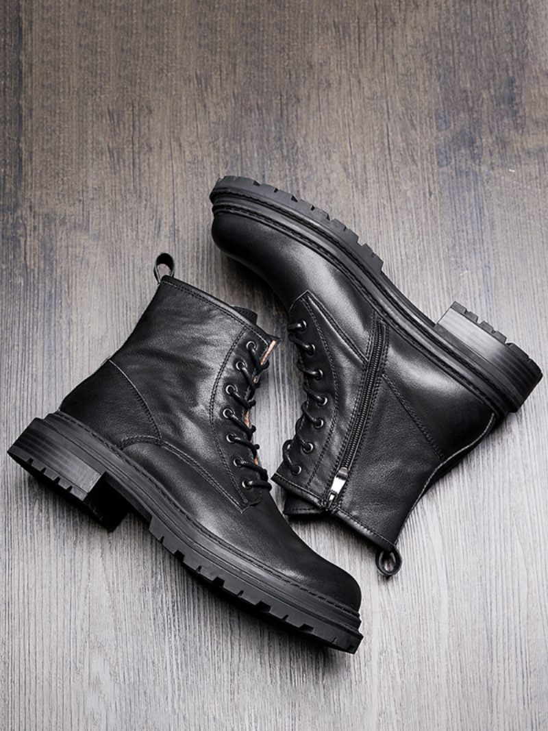 Bottes Travail Montantes Pour Moto Martin Britannique Rétro Hommes Combat À Bout Rond Cuir Vache Marron Café - Noir