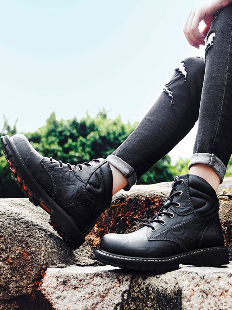 Bottines À La Mode Cuir Pu Pour Hommes Bout Rond Bottes Martin Noires Lacets - Noir