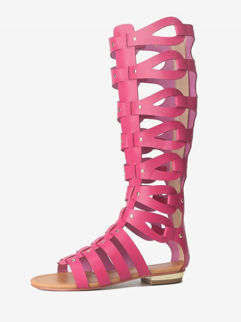 Sandales Gladiateur Hautes Pour Femmes Plates À Bout Ouvert Avec Clous - Rose