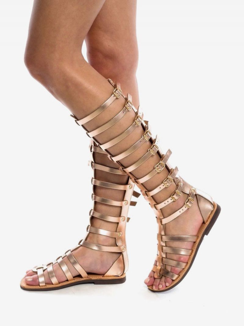 Sandales Gladiateur Plates Noires À Bout Ouvert Et Boucle Pour Femmes - Or