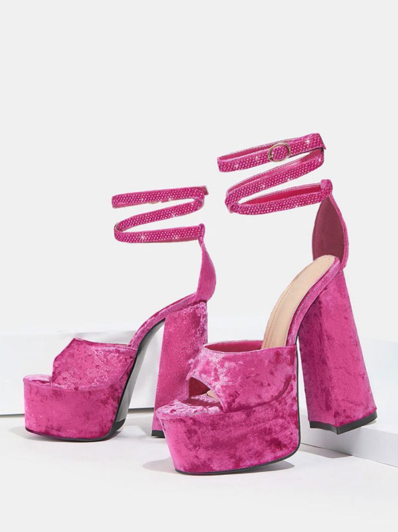 Sandales À Lacets Velours Pour Femmes Plateforme Rose Bout Ouvert Talon Bloc - Rose