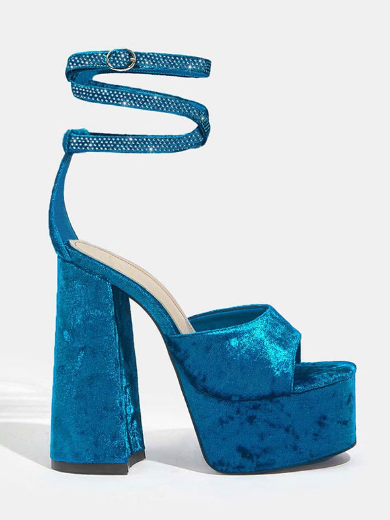 Sandales À Lacets Velours Pour Femmes Plateforme Rose Bout Ouvert Talon Bloc - Bleu Royal