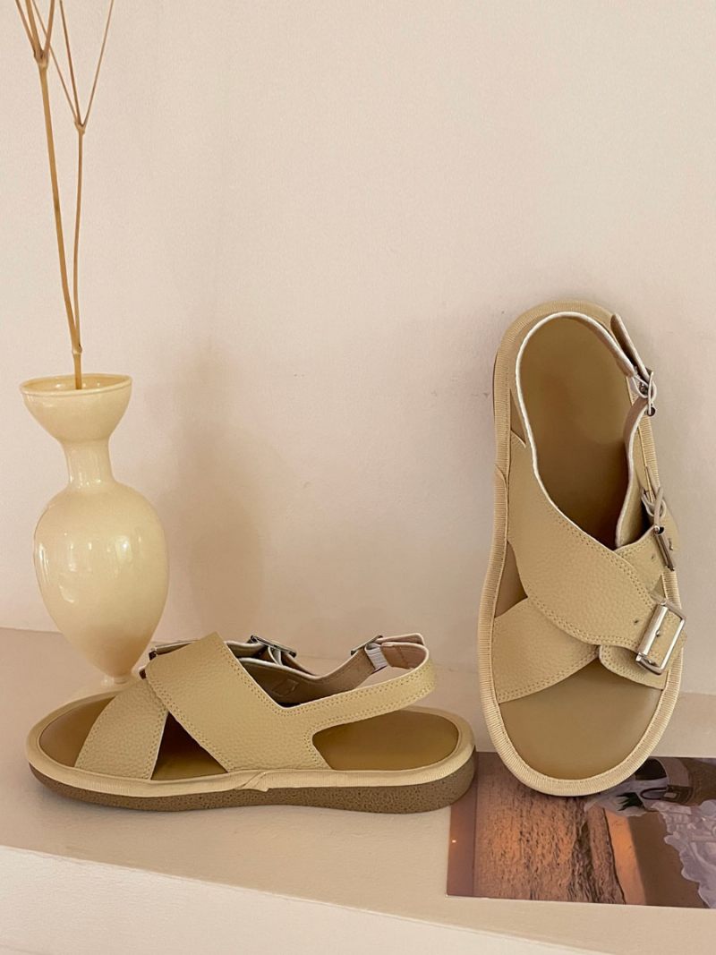 Sandales Plates Pour Femmes Chaussures À Croisées Boucle Blanche - Jaune Clair