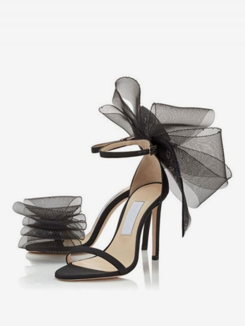 Sandales À Talons Avec Bride La Cheville Et Nœud Pour Femme Chaussures Mariée - Noir