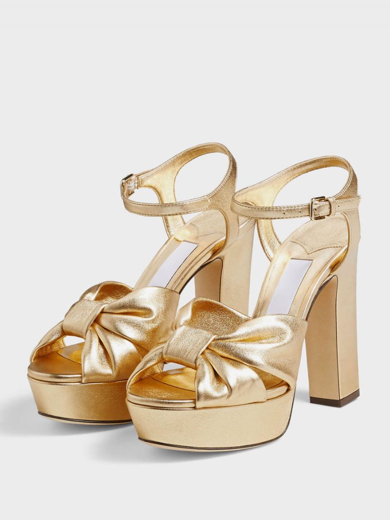 Sandales À Talons Blocs Pour Femmes Plateforme Blanche Conçues Avec Bride La Cheville - Or