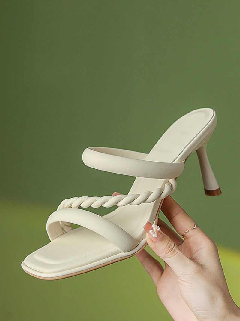 Sandales À Talons Pour Femmes Bout Carré Talon Aiguille Cuir Pu - Beige