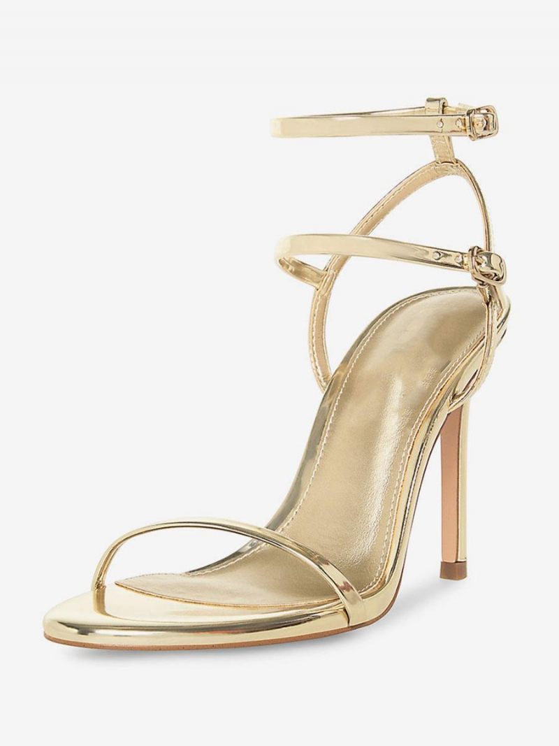 Sandales À Talons Pour Femmes Noires Bout Ouvert Talon Aiguille Bride La Cheville - Or